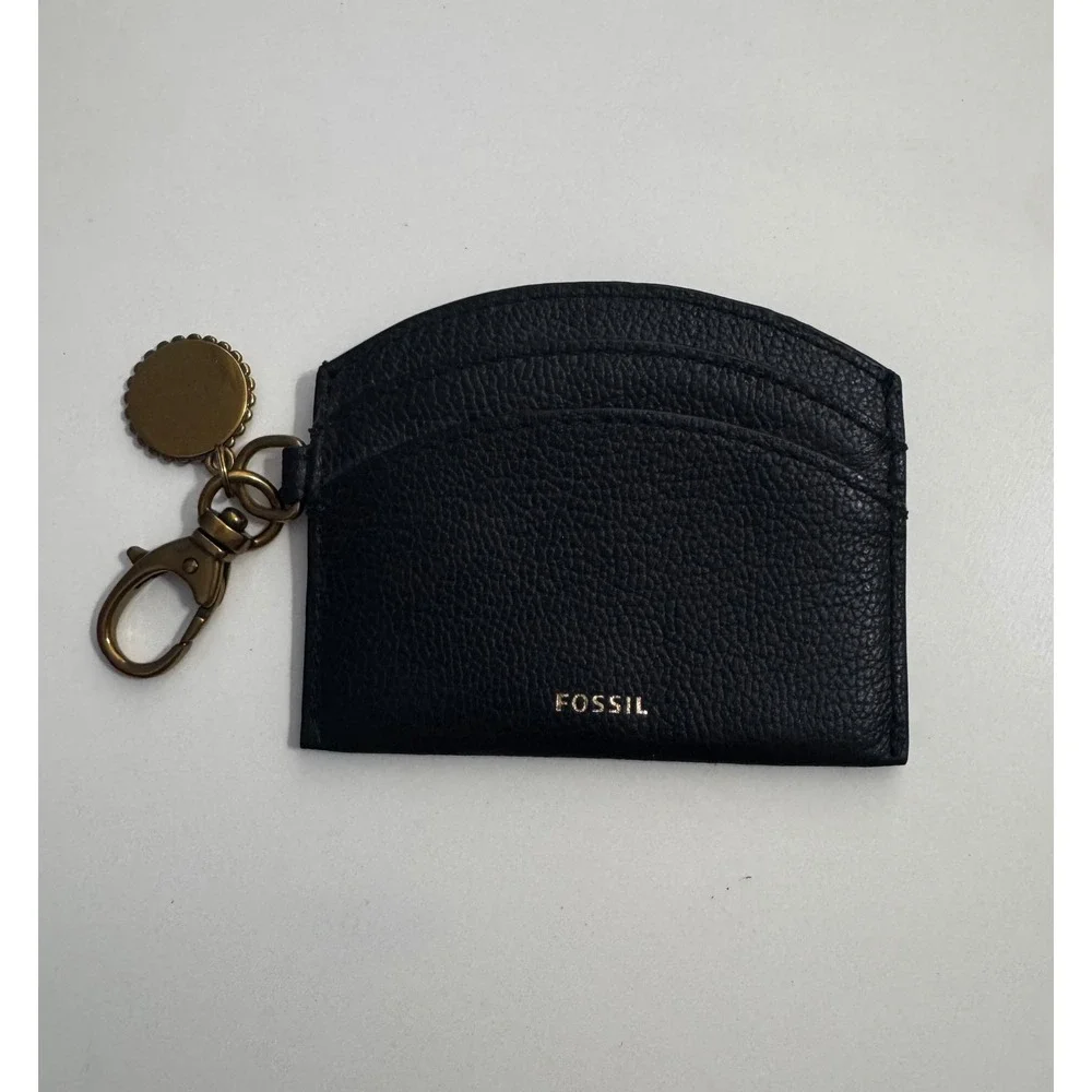 Fossil Black Pebbled Leather Card Case Keychain Wallet Gold Logo Charm Slim